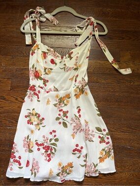 Reformation White Mini Dress with Cherry & Floral Print